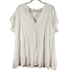 Zara Blouse Women's XXL White Eyelet 100% Cotton Natural Fibers Cottage Core